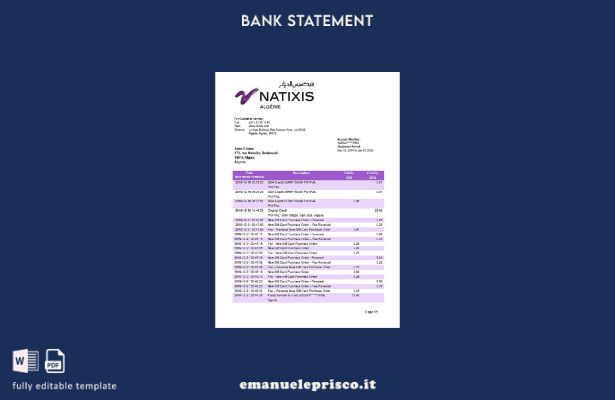 modello di estratto conto bancario Algeria Natixis Algerie in stile verificato